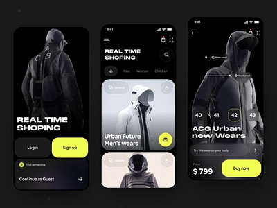 Futuristic Shopping App UI Concept app design app ui cart clothing clothing store e commerce app minimal design mobile app mobile ui online shopping online strore ordering app real time shopping shop shopping app store ui ux