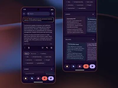 Organized Knowledge (Notes App Concept UI) android app app black theme dark dark mode knowledge management mobile app night mode note taking notes pkm purple writing