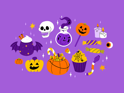 Halloween set 12 cartoon character collection concept cute design fall flat halloween illustration pumpkin set skull spooky sticker vector