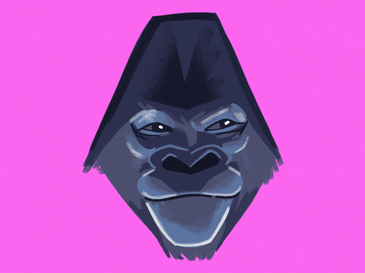 Smirking gorilla 2d animal animation cartoon digital art emotions face face expresion gif gorilla face head illustration meme moho monkey motion graphics sly look smiling gorilla smirking ape wild creature