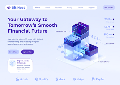 Bit Nest / Cryptocurrency Landing Page Design app design b2b bankig blockchain crypto crypto website cryptocurrency design figma figma design finance financial website fintech landing page startup stock ui ux webflow website design