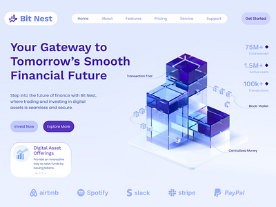 Bit Nest / Cryptocurrency Landing Page Design app design b2b bankig blockchain crypto crypto website cryptocurrency design figma figma design finance financial website fintech landing page startup stock ui ux webflow website design