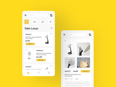 Elegant Lamp Collection – A Seamless UI for Modern Shopping clean interface dribbble showcase e commerce ui design furniture shopping app minimalist design mobile shopping app product card ui product page ux user centered design yellow ui