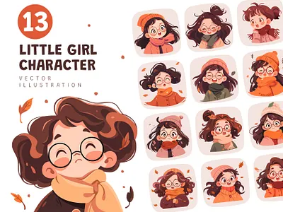Little Girl Character Set autumn character character set cute girl half body illustration mascot vector