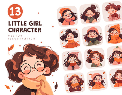 Little Girl Character Set autumn character character set cute girl half body illustration mascot vector