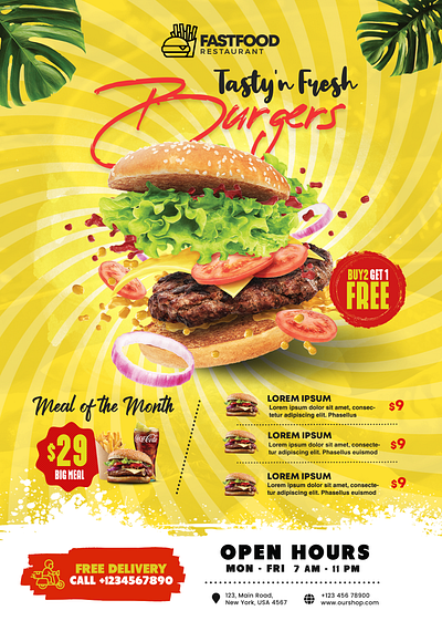 Food Menu Flyer Template cheese lovers classic combo meals delicious double decker family meals fresh ingredients gourmet handcrafted juicy patties limited time order now savory sauces sides dips signature burgers spicy add ons takeout specials tasty toppings veggie options