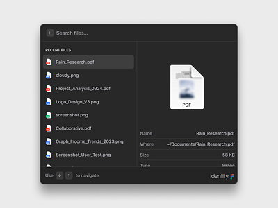 File Menu - Made using Identity clean cmd cmd k command command menu component file file search files menu minimal minimalism nav navigation project files search search bar ui user interface