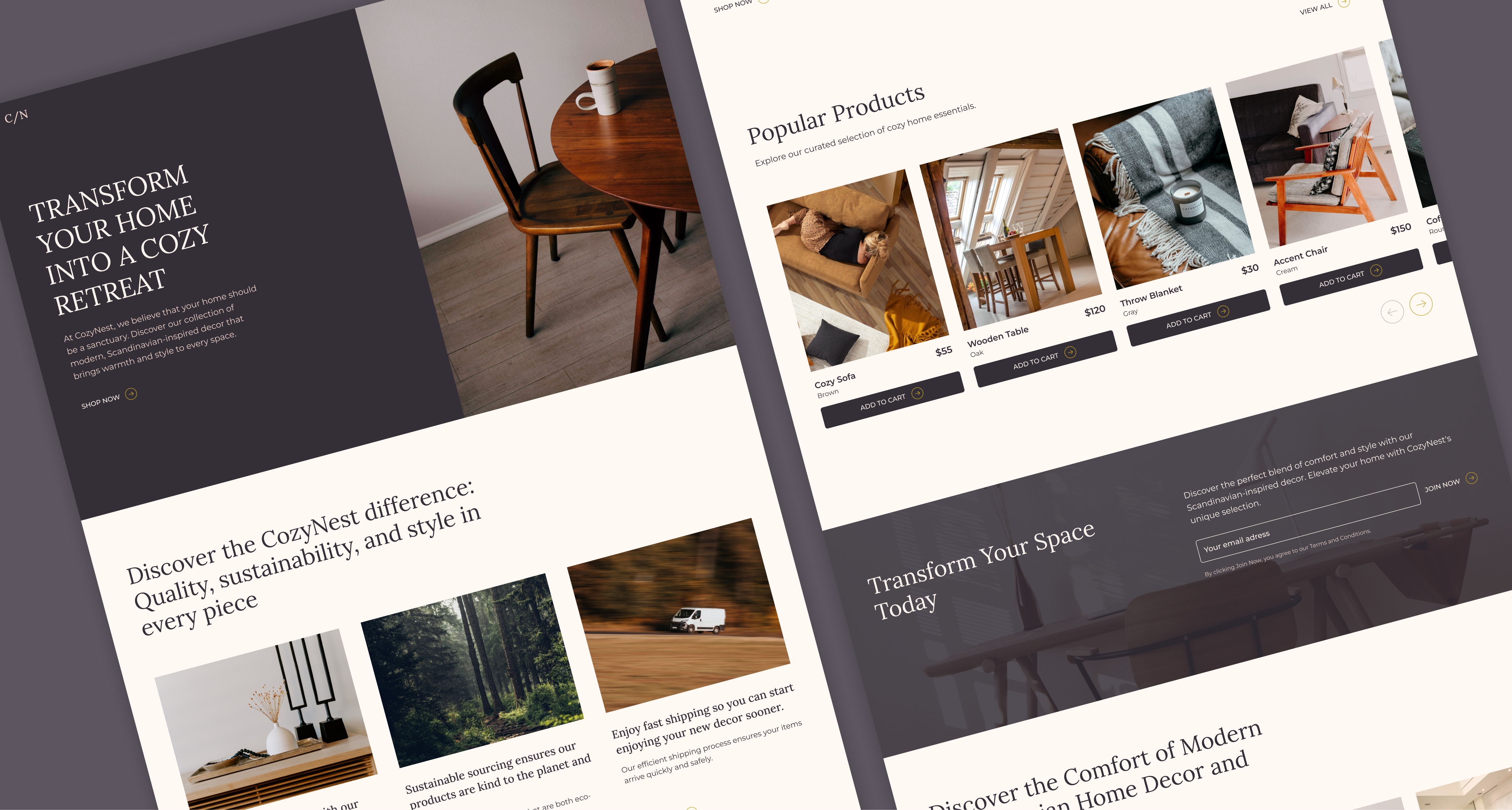 The CozyNest Story, Crafting Comfort Online cart case study classic cozy design detail faq furniture hero landing menu mobile navi nest product scandinavian shop ui ux web