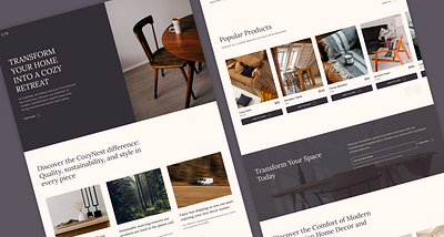 The CozyNest Story, Crafting Comfort Online cart case study classic cozy design detail faq furniture hero landing menu mobile navi nest product scandinavian shop ui ux web