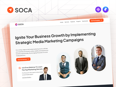 Soca - Social Media Agency Framer Template ad agency advertising agency agency web design agency website figma design framer framer development framer template framer website landing page marketing website online agency social media marketing ui ui design uiux ux design web design web development website