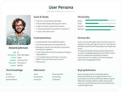 User Persona buying behavior client impressions client relationships industry reputation lead generation listing promotion marketing strategy personalization professional growth real estate agent social networks structure tech knowledge ui user card user persona ux