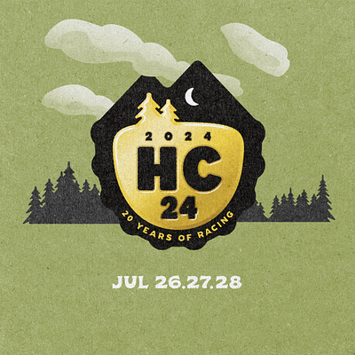 Hardcore 24 2024 - Trailhead Series 20 years of racing badge bicycle clouds hardcore 24 hc24 logo mountain bike race sky treeline trees