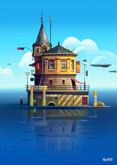 Yellow lighthouse adventure anime illustration island lighthouse manga ocean poster print