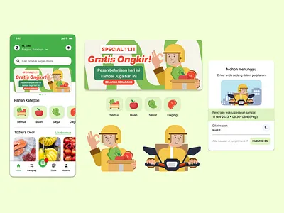 Groceries App & Illustration Exploration app app illustration character character design delivery app design system driver e commerce fruits graphic design green illustration motrocycle shopping app ui ux vector vegetables yellow