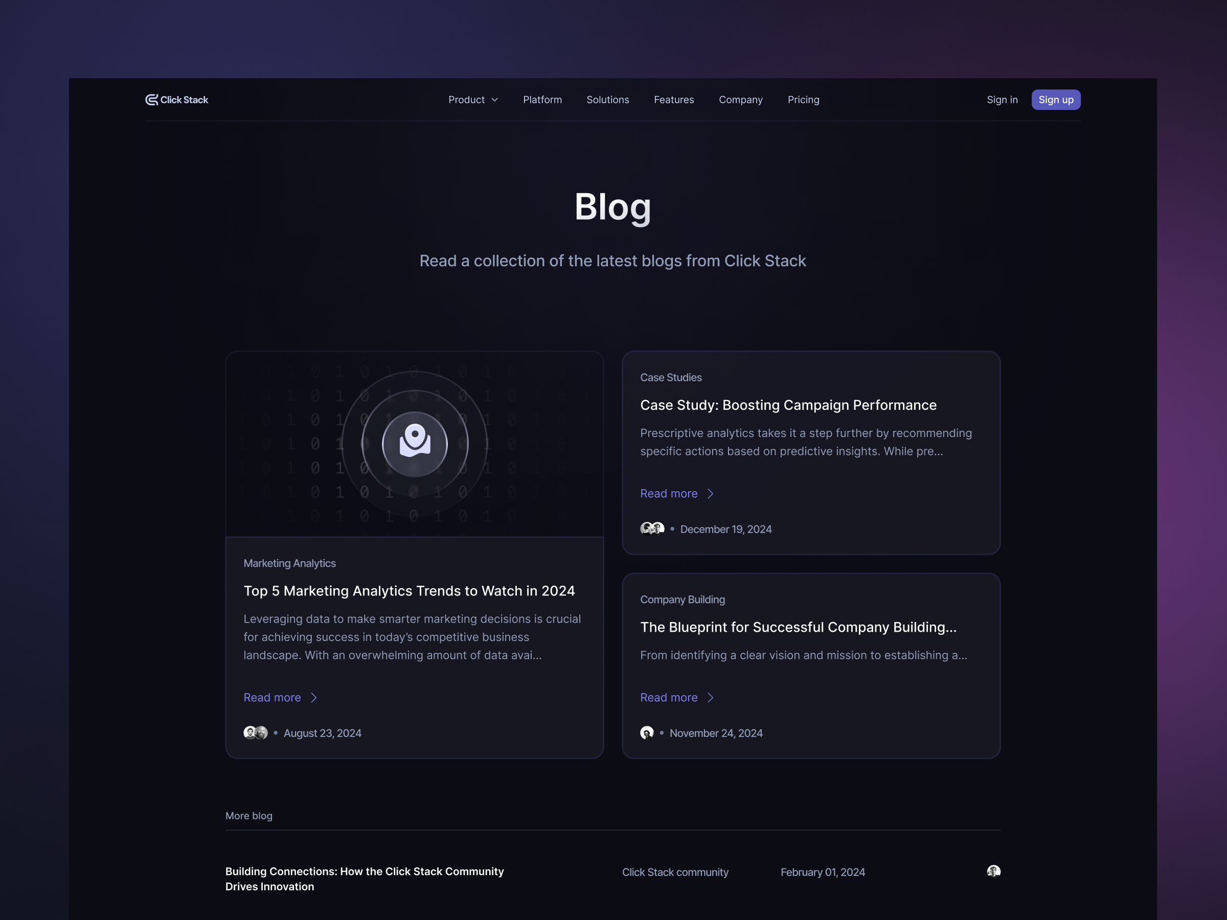 Click Stack - Blog Page blog blog design blog page clean design company dark dark mode dark mode ui dark theme design dribbble showcase first shot lamfigo landing page minimal design modern design sleek design ui ui design web design