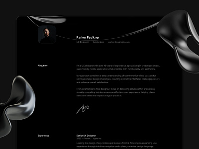 Resume CV template 3d render cv dark resume template