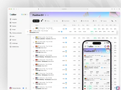 Outlier: Positive EV app bet clean data design desktop gambling interface ios light mobile modern outlier product design sports ui user interface ux web web design