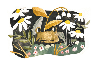 Froggy in the bushes childrens lit gouache illustration