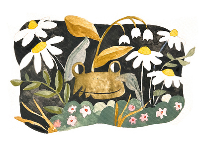 Froggy in the bushes childrens lit gouache illustration