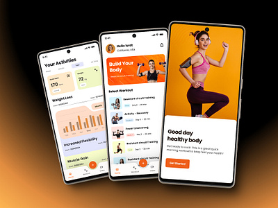 Workout of the day - Daily UI Day 62/100 app application branding daily ui day 62 design ecommerce fitness fitness app flutter illustration inspiration israt logo mobile app orange strong lady ui uxisrat woman health