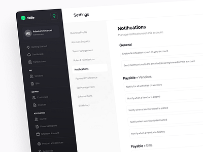 Vollie • Settings Page design settings page ui uiux vollie web web design