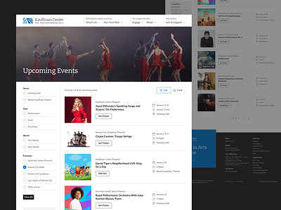 Kauffman Center for the Performing Arts - Web Design ballet calendar card grid event calendar events kansas city kauffman center non profit nonprofit opera performance performing arts symphony upcoming events user experience web web design website website design