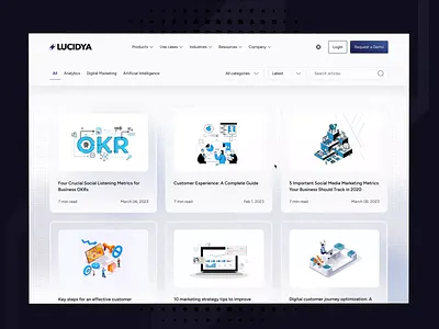 Lucidya customer experience management platform (Blog) ai data analytics animated interactions article blog cards clean layout customer experience customer feedback george samuel lucidya minimalist design responsive design social media analytics ui design user interface ux design website design