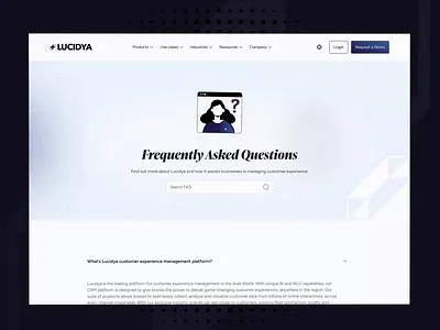 Lucidya customer experience management platform (FAQ) accordion ai data analytics animated interactions clean layout customer experience customer feedback faq frequently asked question george samuel lucidya minimalist design responsive design social media analytics ui design user interface ux design website design