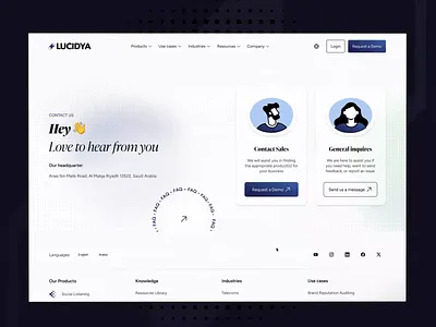 Lucidya customer experience management platform (Contact) ai data analytics animated interactions animation clean layout contact customer experience customer feedback data driven decisions help center information architecture lottie lucidya minimalist design motion graphic responsive design social media analytics support ui design user interface website design
