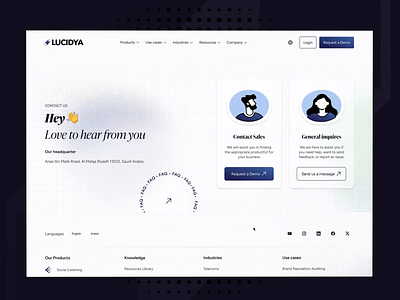 Lucidya customer experience management platform (Contact) ai data analytics animated interactions animation clean layout contact customer experience customer feedback data driven decisions help center information architecture lottie lucidya minimalist design motion graphic responsive design social media analytics support ui design user interface website design
