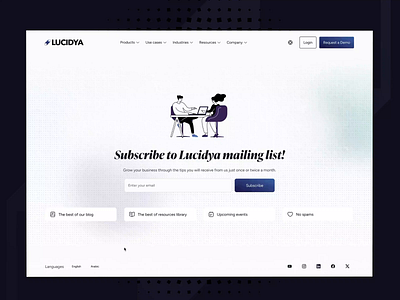 Lucidya customer experience management platform (Newsletter) ai data analytics animated interactions animation clean layout customer experience customer feedback data driven decisions george samuel information architecture input lottie lucidya minimalist design responsive design social media analytics subscribe to newsletter ui design user interface ux design website design