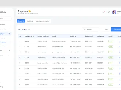 Employee Page - HR Dashboard admin panel app component dashboard data table employee payroll list project product design project management table design table view tables ui ux