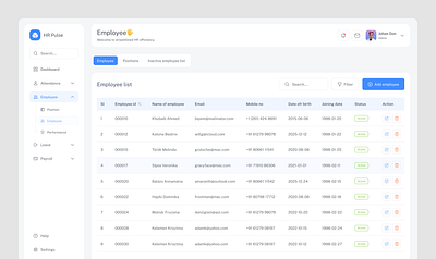 Employee Page - HR Dashboard admin panel app component dashboard data table employee payroll list project product design project management table design table view tables ui ux