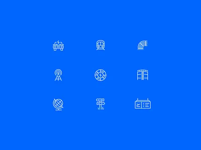 🚗 🚆 🔋 📞⚡🛢️ 🌐 🥾 🛫 airport blue brand design brand iconography brand icons design system globe icon icon library line icons power telecom trail sign train transporation