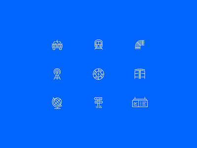 🚗 🚆 🔋 📞⚡🛢️ 🌐 🥾 🛫 airport blue brand design brand iconography brand icons design system globe icon icon library line icons power telecom trail sign train transporation