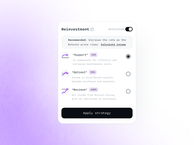 Reinvestment Strategy bitcoin crypto diversification finance fintech fund yield mining portfolio profit rate reinvestment settings