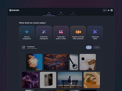 Headliner Home Page Refresh ai app artificial intelligence branding clean dark mode dashboard design editor home page icons interface minimal podcast podcasting product ui ux video editor web