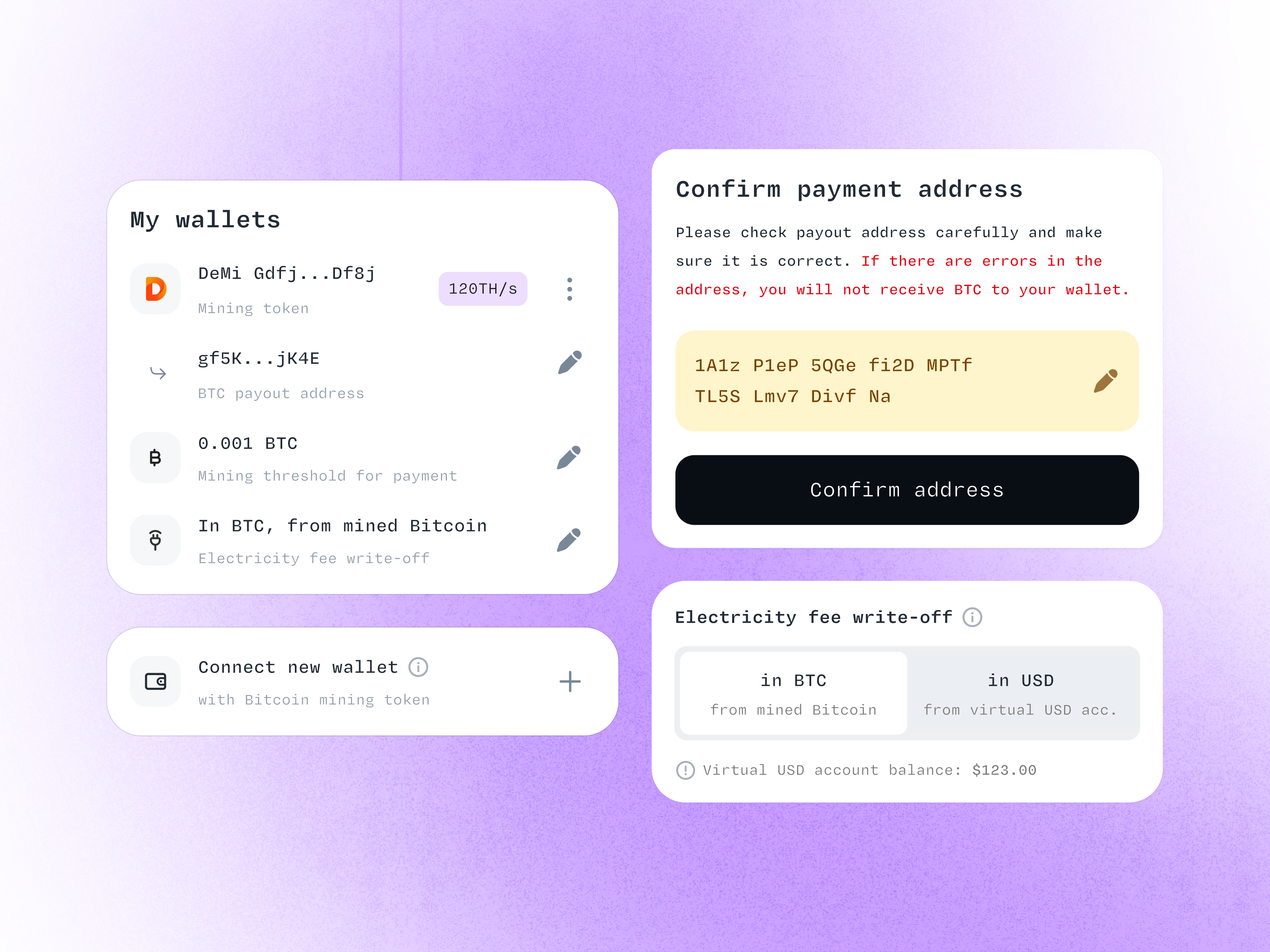 Crypto wallet for BTC mining tokens allocations bitcoin bitcoin mining blockchain crypto crypto wallet mining rewards payout address tokens wallet web3 widget
