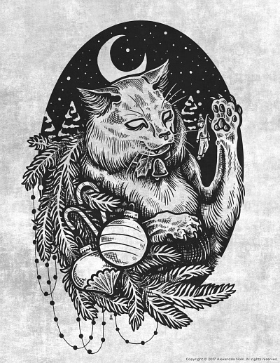 Yule Cat illustration pen and ink