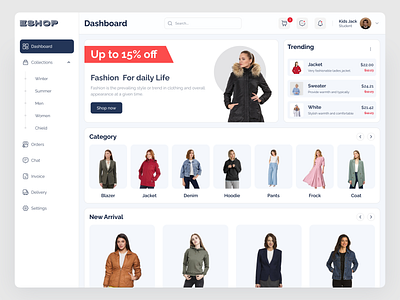 E-Commerce Dashboard admin pannel branding card design dashboard design ecommerce ecommerce app ecommerce design ecommerce store ecommerce website fashion left bar minimal design offer card online store product design saas tending top bar