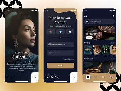 Luxurious Jewelry App UI Design app design dark color gold jewelry jewelry app jewelry app design jewelry app ideas login apge login design modern colors modern design modern theme onbaording thisuix trending design welcome screen design