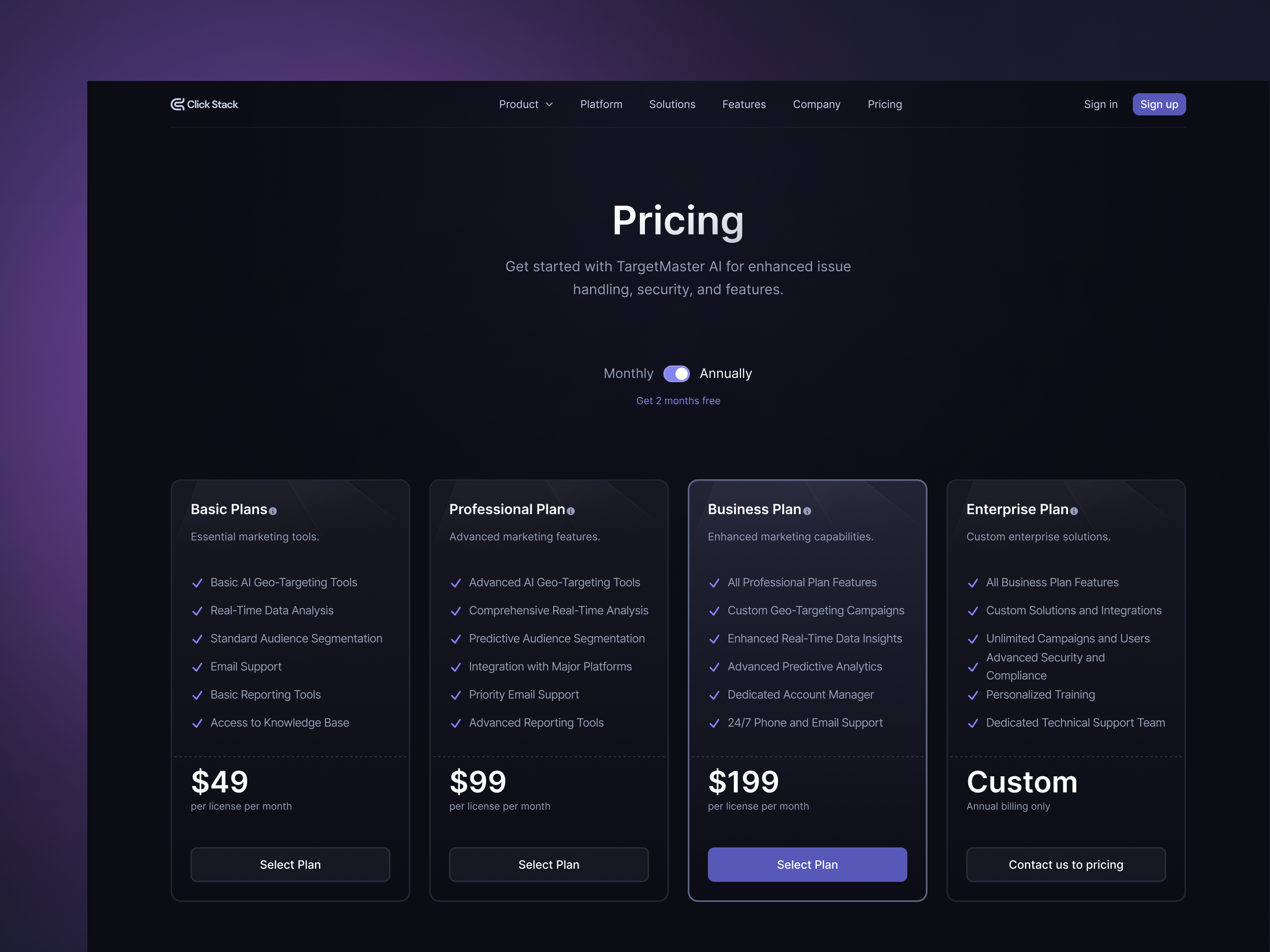 Click Stack - Pricing Page company pricing dark mode dark theme design pricing pricing card pricing concept design pricing design pricing page pricing page concept pricing ui pricing ui design pricing ux ui ui design ui pricing
