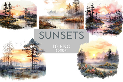 10 Misty Sunsets Clipart PNG 3d animation branding graphic design logo motion graphics ui