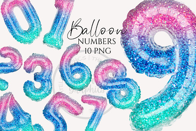 Pink Blue Green Glitter Foil Balloon Numbers Clipart 3d animation branding graphic design logo