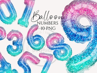 Pink Blue Green Glitter Foil Balloon Numbers Clipart 3d animation branding graphic design logo