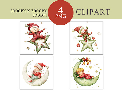 Christmas Baby Star Moon Watercolor Clipart PNG 3d animation branding graphic design logo motion graphics ui