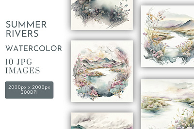 Summer River Scenes Watercolour Clipart JPG 3d graphic design logo ui