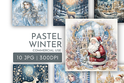 Pastel Christmas Scenes Watercolour Clipart JPG 3d graphic design logo motion graphics ui