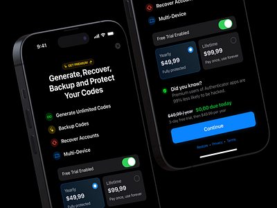 Authenticator App Paywall - Subscription Screen 2fa app app store apple authenticator free trial iphone paywall premium recovery screen security subscription subscription screen yearly plan