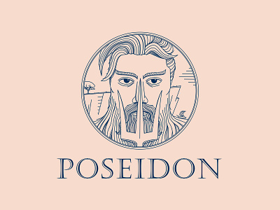 Poseidon Vintage Logo brand branding cloud engraving god greece hair line art logo myth poseidon retro rock sea ship sky trident vintage water wave